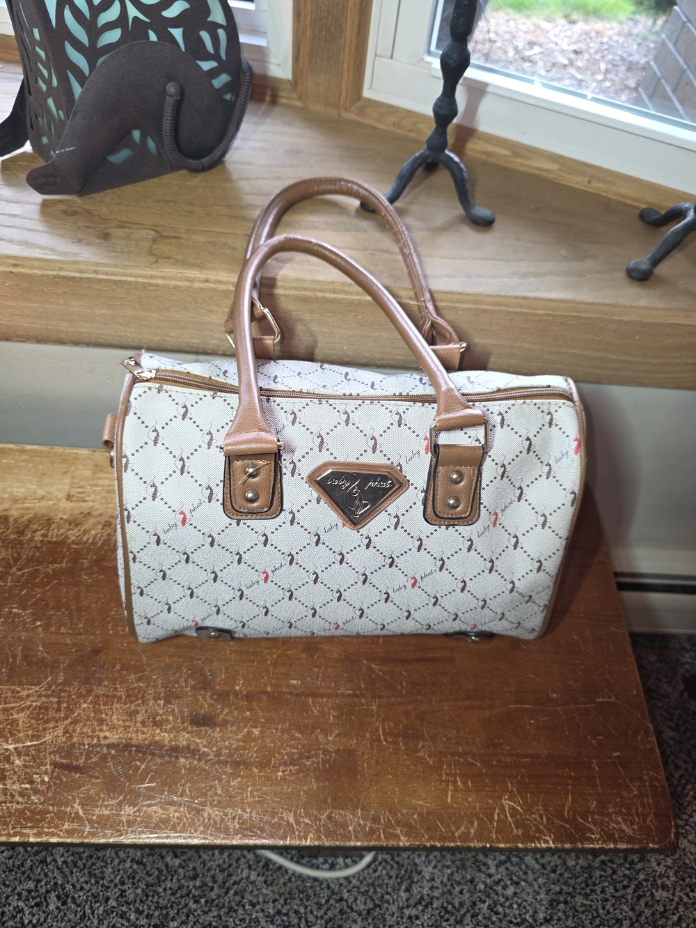 Baby Phat Cream Satchel with Tan Handles and Pink Accents